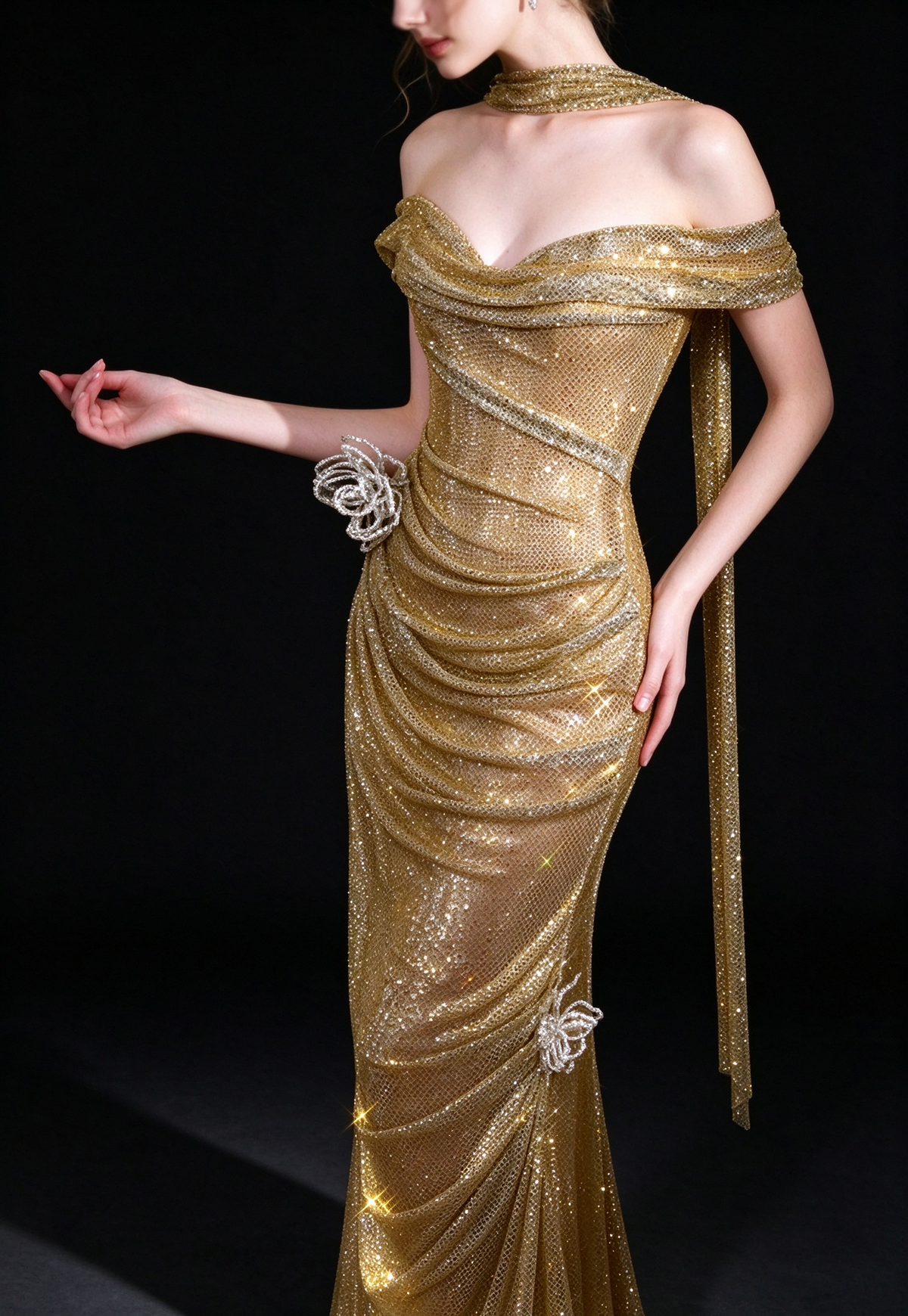 Gold Off The Shoulder Draped Glitter Mermaid Evening Gown With 3D Floral Decor fg9140