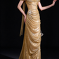 Gold Off The Shoulder Draped Glitter Mermaid Evening Gown With 3D Floral Decor fg9140