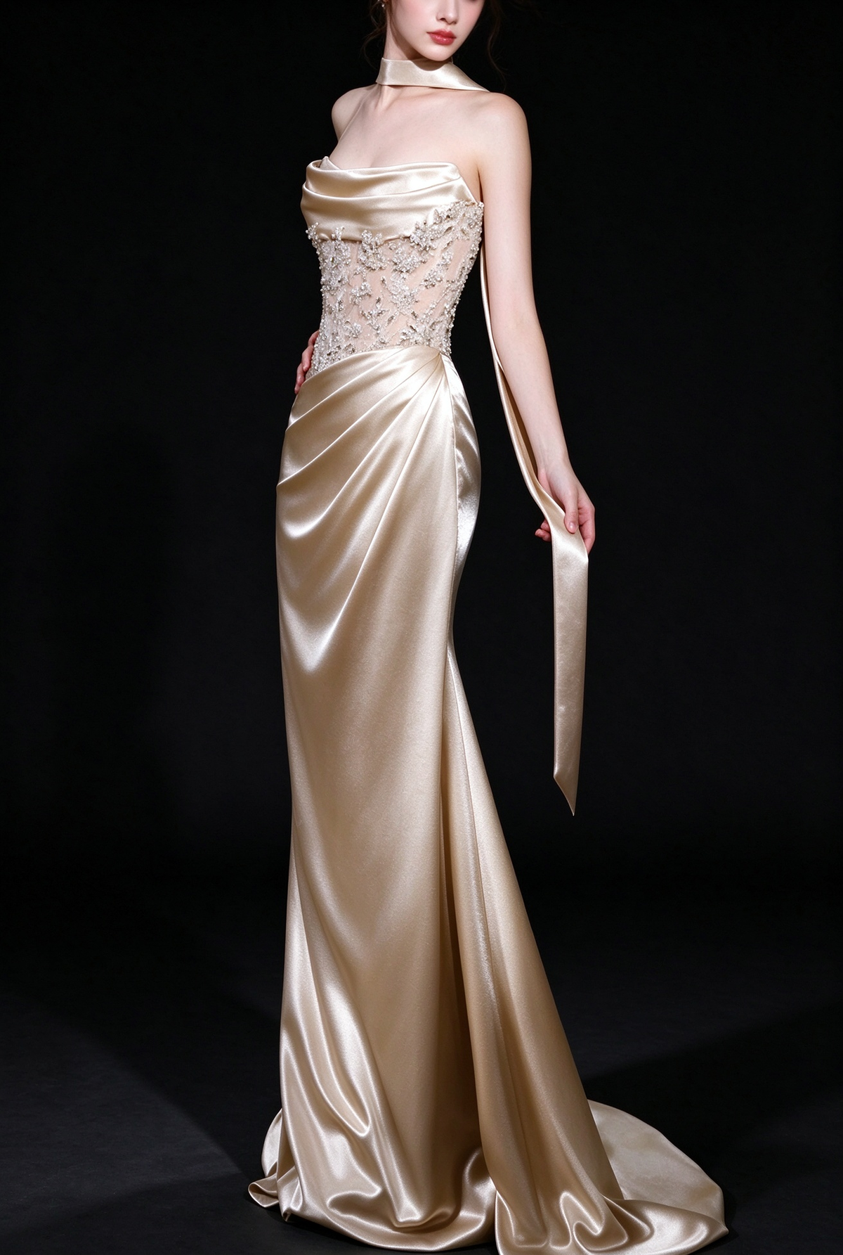 Champagne Strapless Cowl Neck Satin Mermaid Evening Gown With Beaded Bodice fg9141