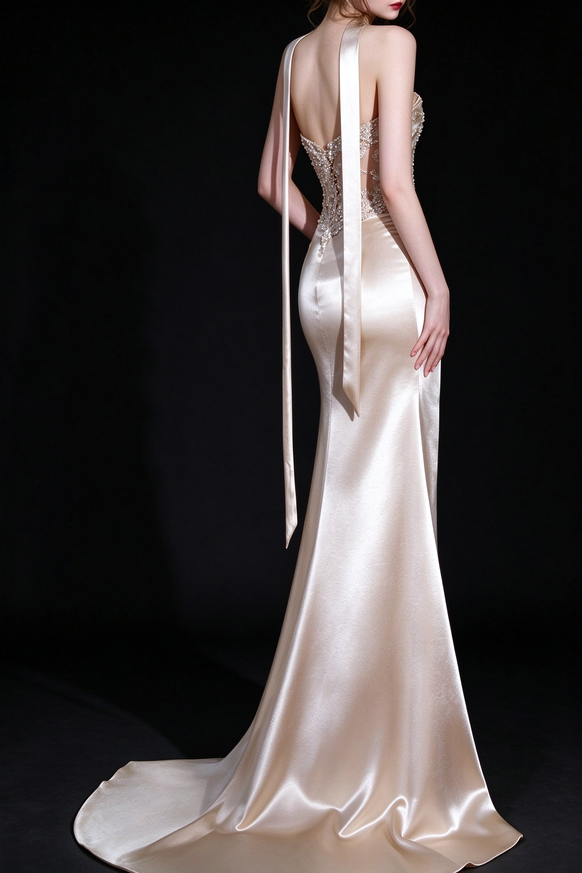 Champagne Strapless Cowl Neck Satin Mermaid Evening Gown With Beaded Bodice fg9141