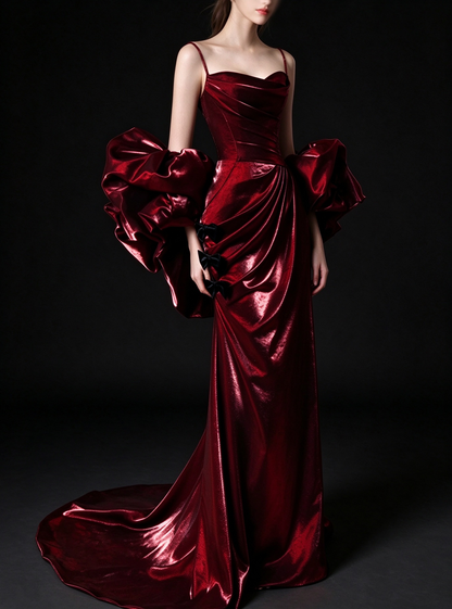 Burgundy Spaghetti Strap Mermaid Evening Gown With Puff Sleeves & Black Bows fg9142