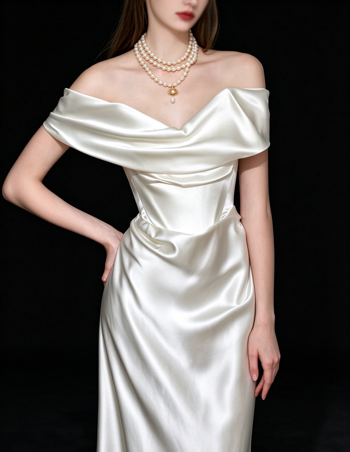 White Off Shoulder Satin Mermaid Wedding Dress fg9143