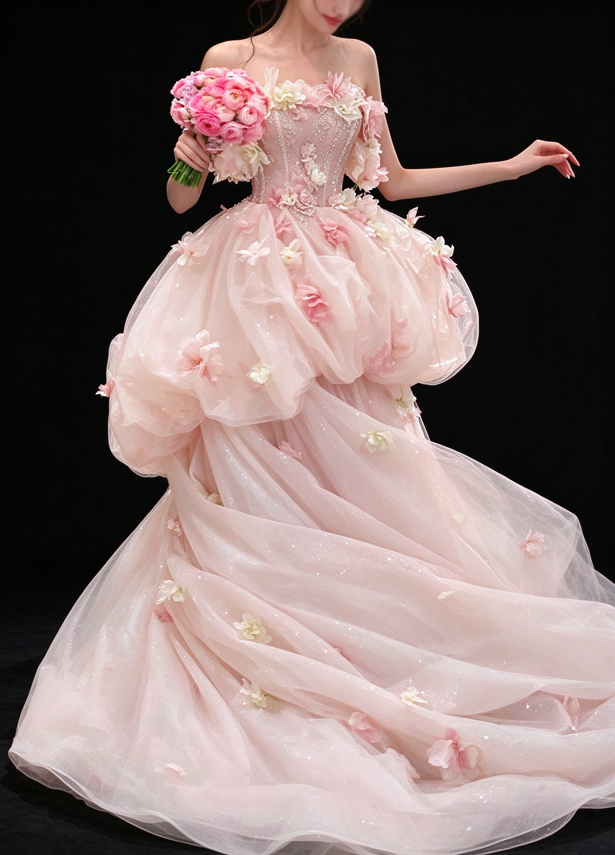 Pink Strapless 3D Floral Glitter Tulle Ball Gown Evening Dress fg9145
