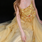 Gold Spaghetti Strap Beaded Tulle A Line Evening Dress fg9146