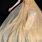 Gold Spaghetti Strap Beaded Tulle A Line Evening Dress fg9146