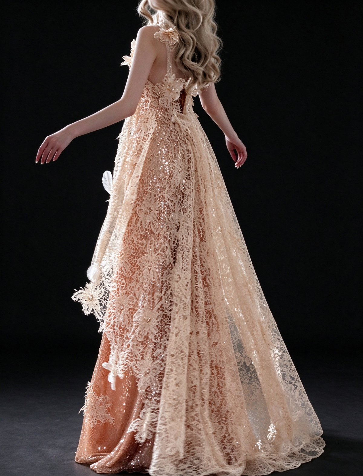 Champagne Halter 3D Floral Lace Sequin Mermaid Evening Dress fg9147