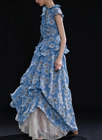 Blue Floral Ruffled Tiered Casual Maxi Dress fg9149