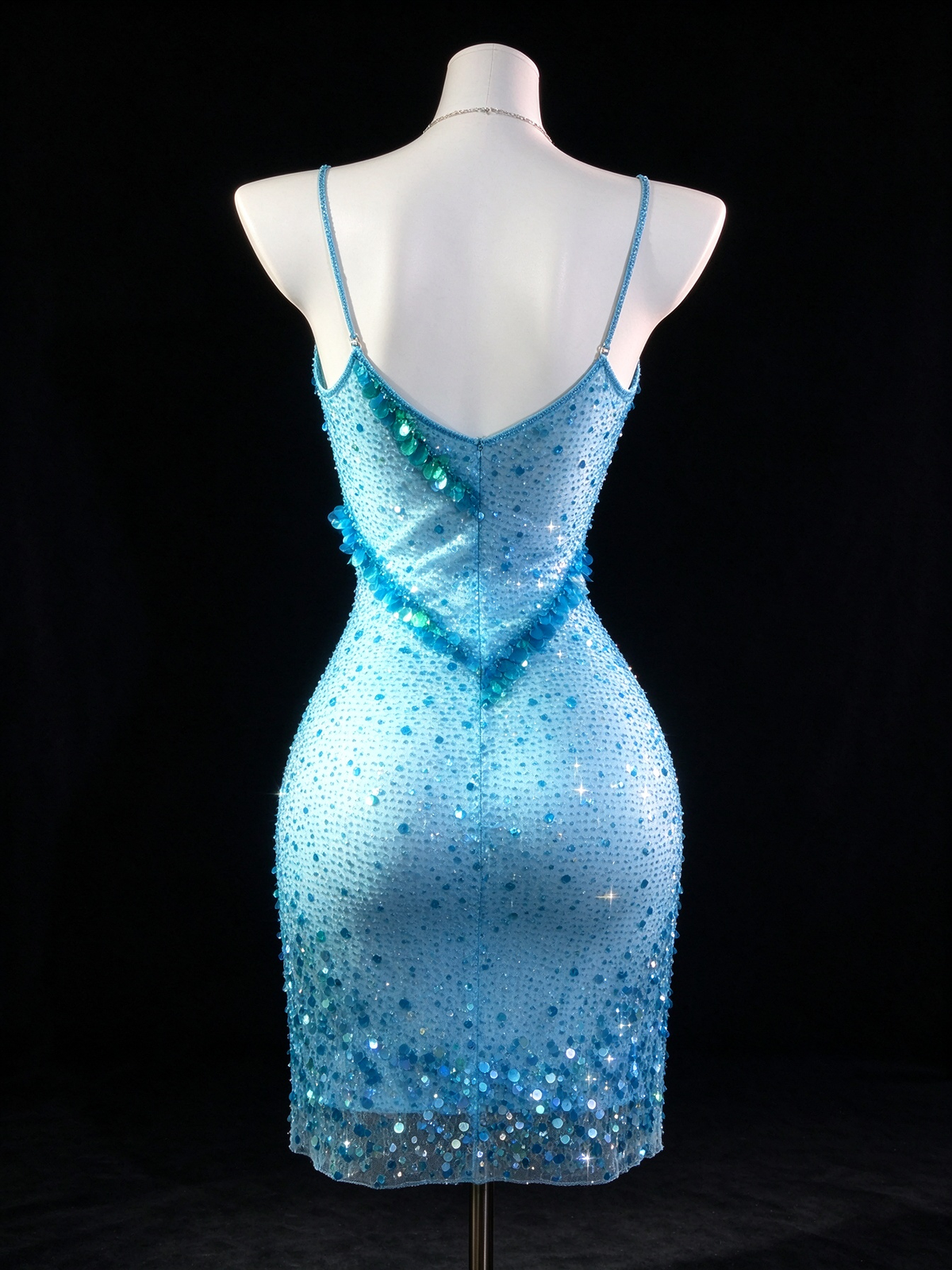 Light Blue Spaghetti Strap V Neck Sequin Short Bodycon Evening Dress fg9136