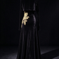 Black Velvet High Neck Long Sleeve Maxi Dress With Detachable Capelet & Gold Floral Embroidery fg8989