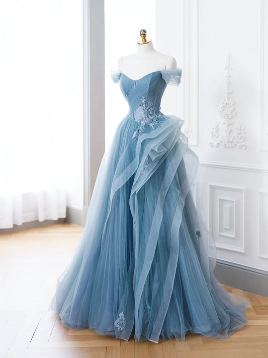 Blue Tulle Lace Long Formal Dress, A-Line Blue Evening Prom Dress       fg4441