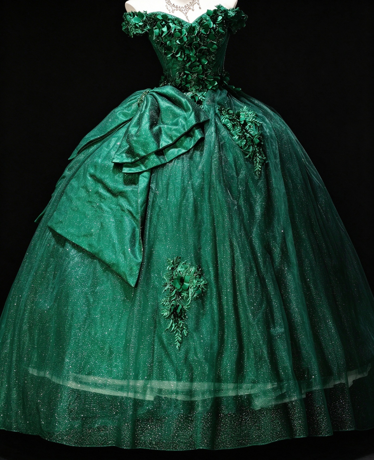 Strapless Green Tulle Ball Gown with Bow & Gold Embroidery, Formal Evening Dress fg8936