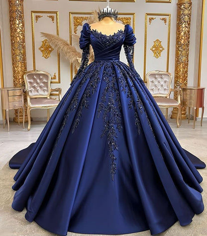 Elegant Navy Blue O-Neck Sequined Appliques Long Sleeves Quinceanera E formalgowns Elegant Navy Blue O-Neck Sequined Appliques Long Sleeves Quinceanera E formalgowns