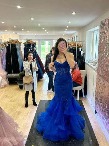 royal blue prom dresses fitted Classy Royal Blue Long Mermaid V-Neck Prom Dress Spaghetti-Straps Dbrbridal
