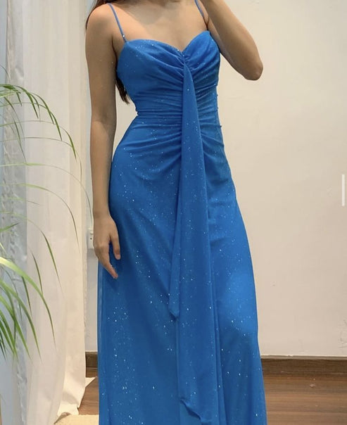 Blue A-Line Beaded V Neck Spaghetti Strap Party Dress Long Prom Dress,DP485 main image 1