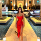 Robe de soirée simple rouge à bretelles spaghetti et fente fg6867