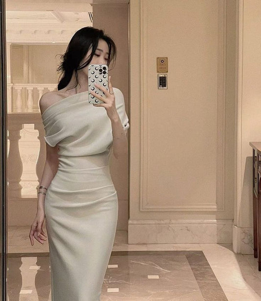 Robe plissée asymétrique extensible pour femme, robe de soirée tendance fg6850