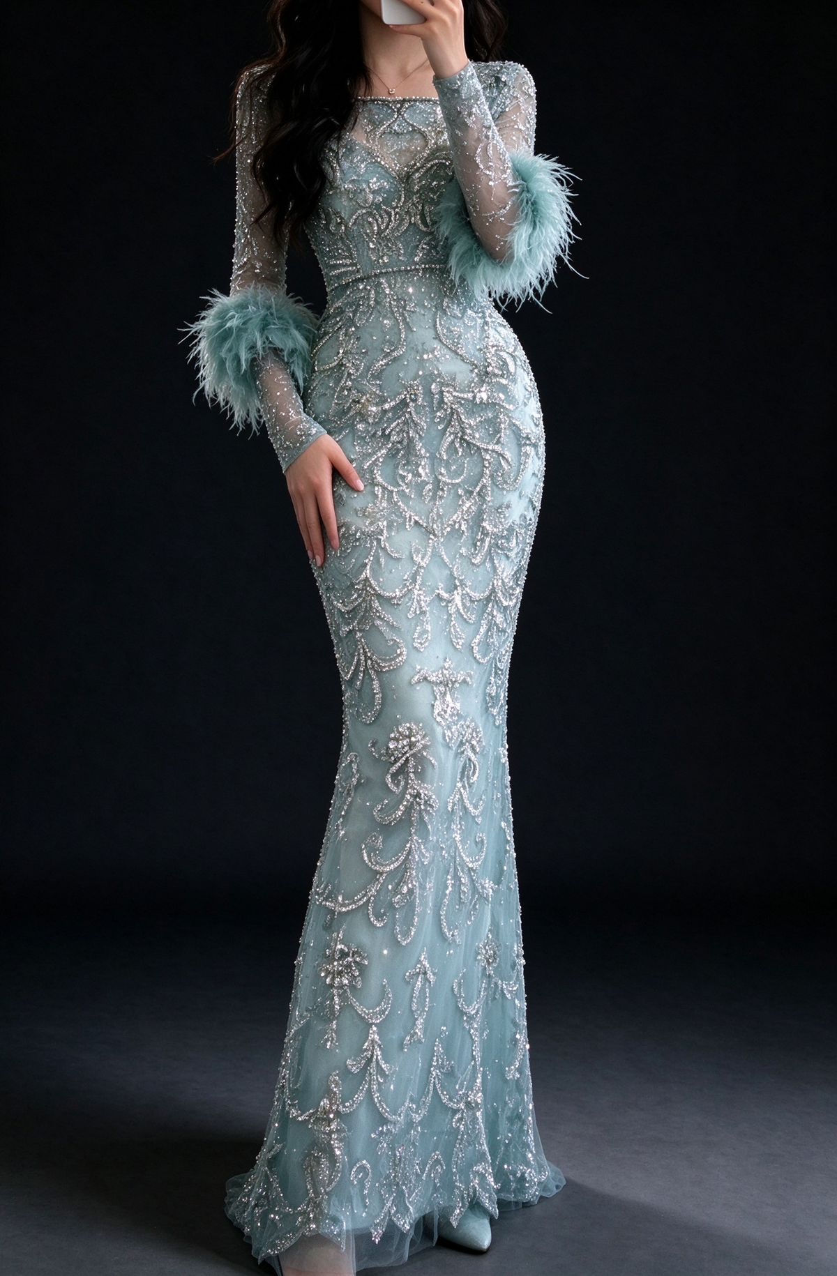Mint Green Long Sleeve Rhinestone Feather Cuff Sheer Back Mermaid Evening Gown fg9016