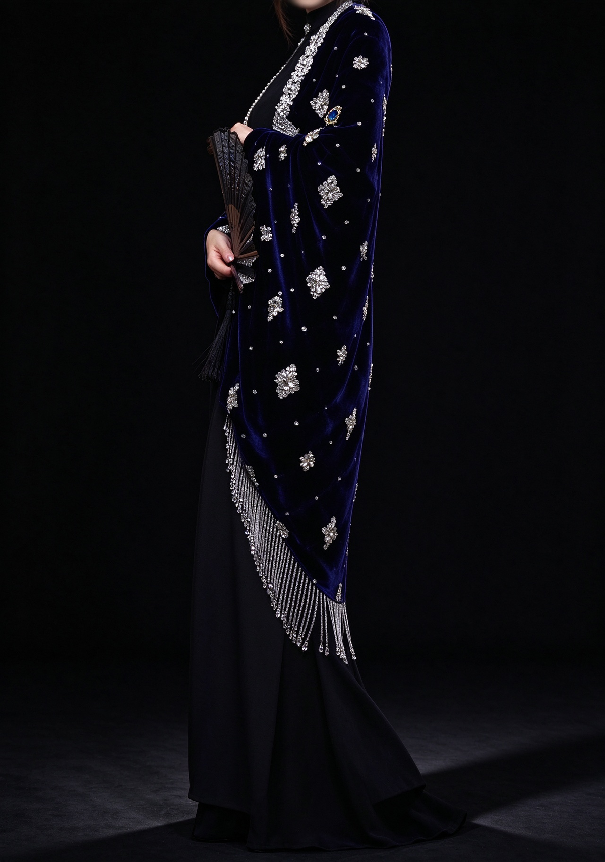 Black Square Neck Velvet Beaded Evening Dress With Chiffon Drape fg8978