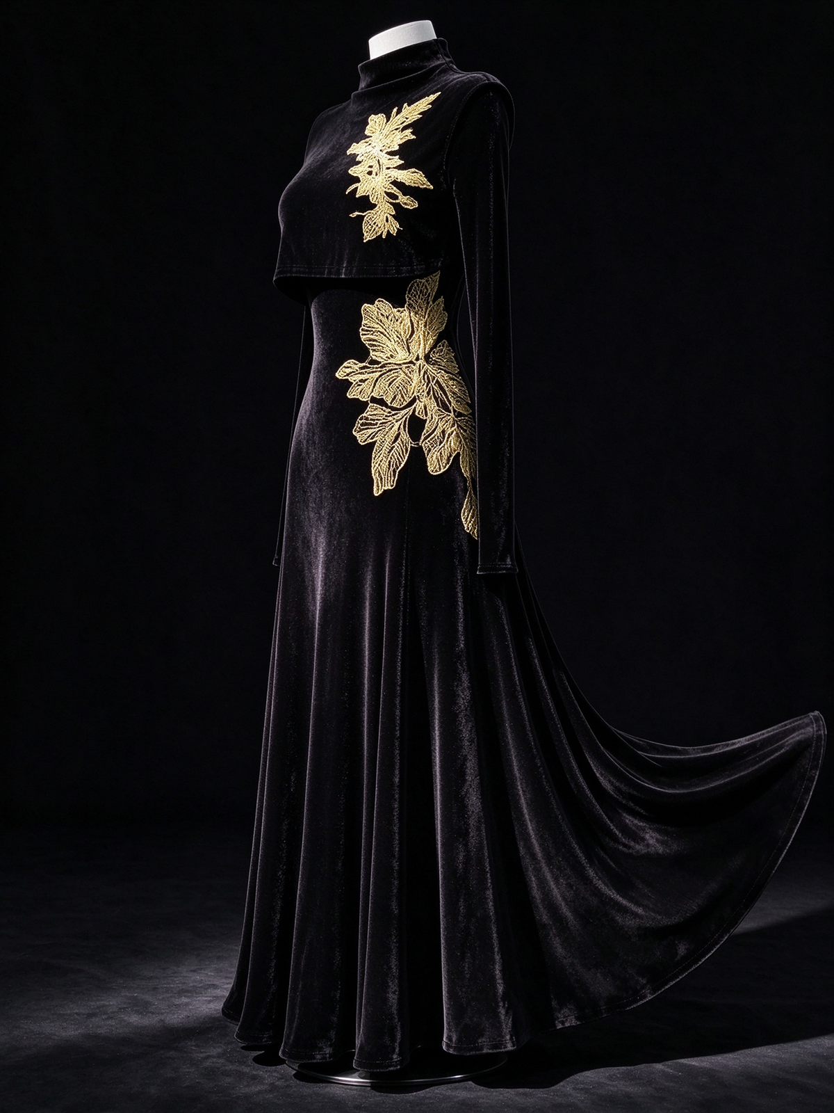 Black Velvet High Neck Long Sleeve Maxi Dress With Detachable Capelet & Gold Floral Embroidery fg8989