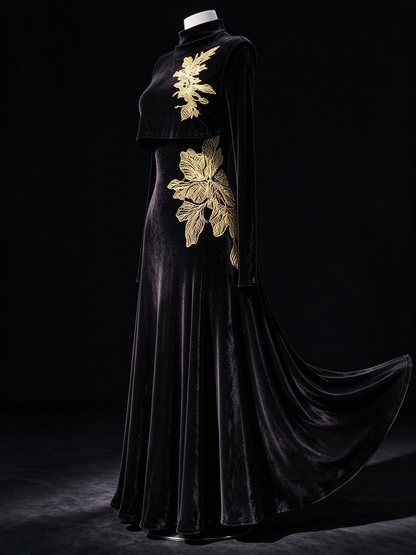 Black Velvet High Neck Long Sleeve Maxi Dress With Detachable Capelet & Gold Floral Embroidery fg8989