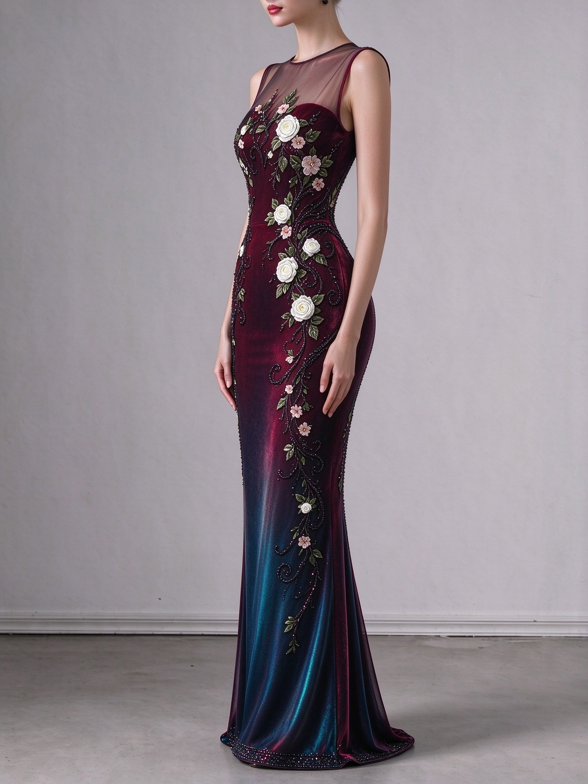 Gradient Burgundy to Teal Mermaid Evening Gown, Illusion Neck, Sleeveless, 3D Floral Applique & Beading fg8994