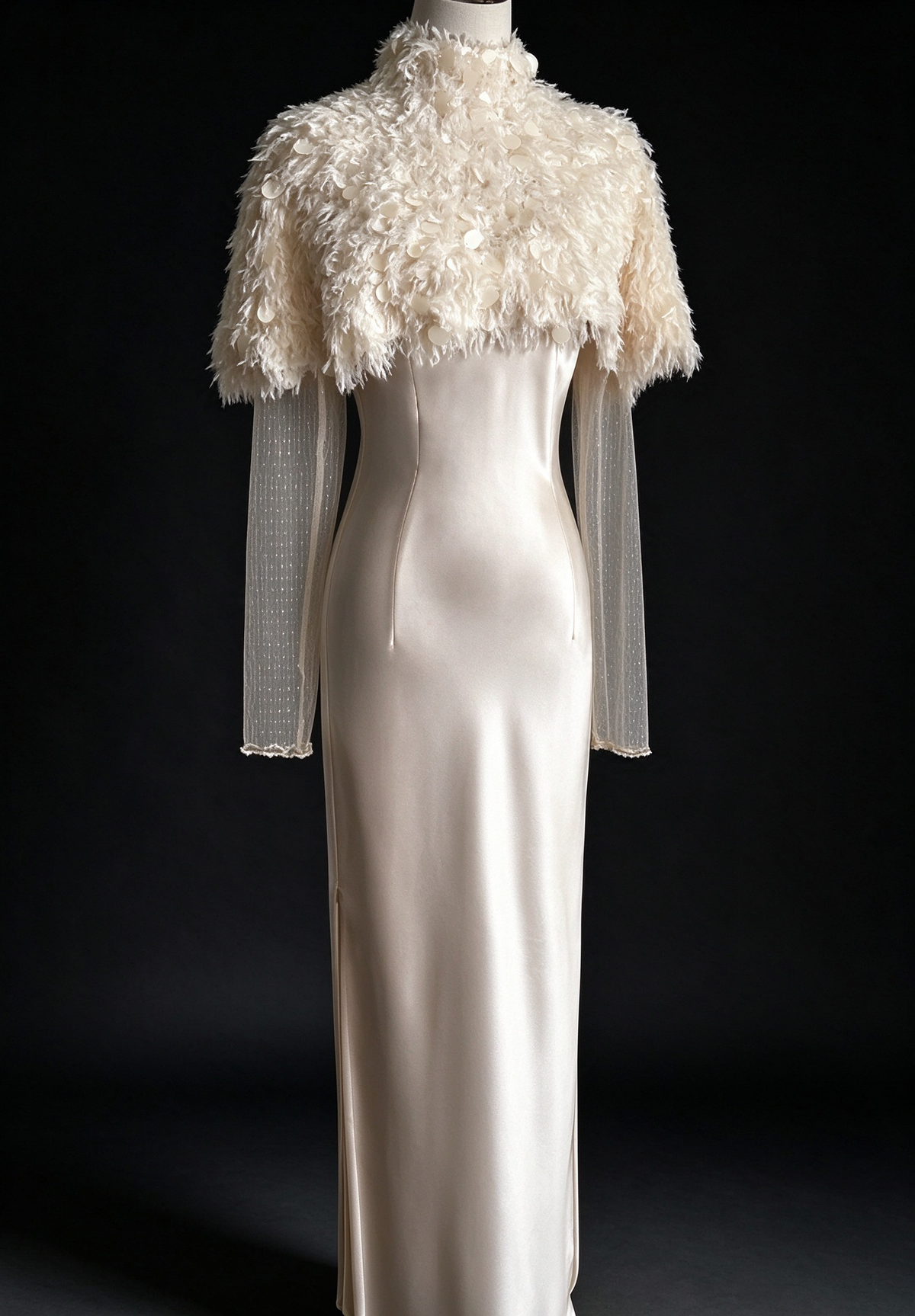 Ivory Satin Slip Dress with Feather Capelet (Without the Transparent Sweater) fg9037