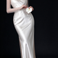 Ivory Satin Slip Dress with Feather Capelet (Without the Transparent Sweater) fg9037