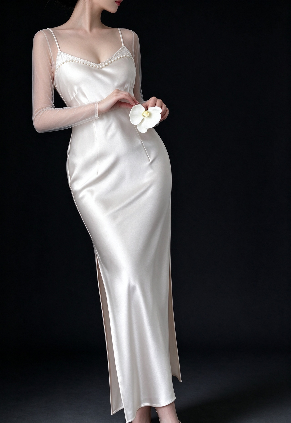 Ivory Satin Slip Dress with Feather Capelet (Without the Transparent Sweater) fg9037