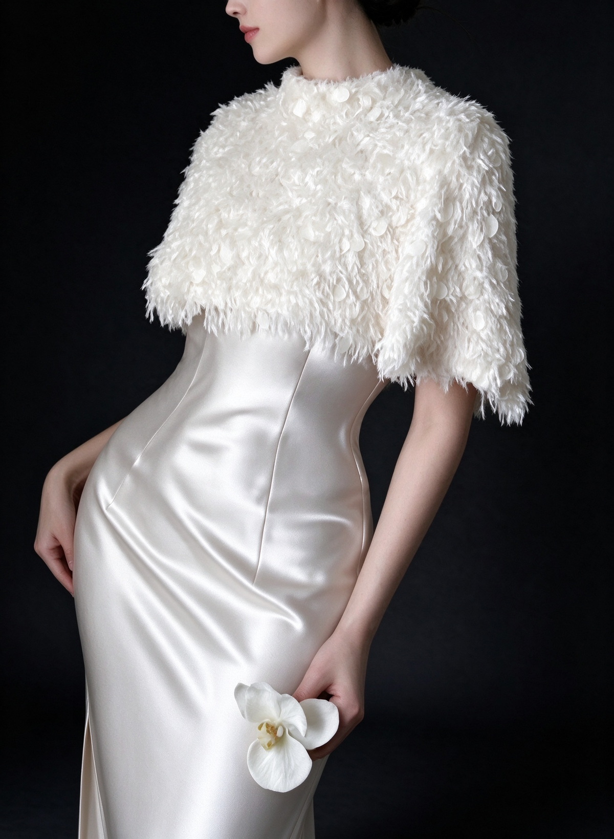 Ivory Satin Slip Dress with Feather Capelet (Without the Transparent Sweater) fg9037