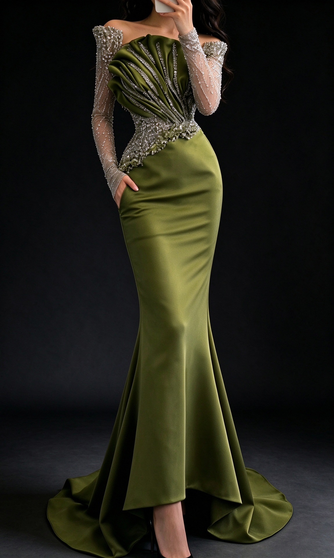 Olive Green Off Shoulder Satin Mermaid Evening Dress with Beaded Sheer Long Sleeves fg9033