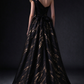 Black Gold Streaked Jacquard One Shoulder A-line Evening Dress with Gold Leaf Applique fg9020