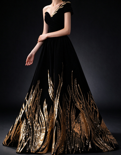 Black Velvet One-Shoulder A-Line Gown with Gold Sequin Reed Embroidery fg9019