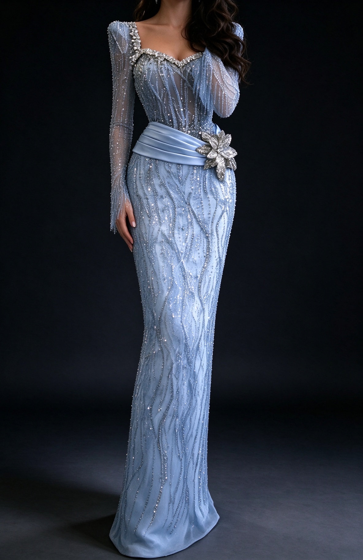 Light Blue Sheer Long Sleeve Mermaid Evening Dress with Rhinestone Sweetheart Neck & Satin Waist Flower fg9032