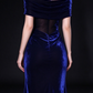 Navy Blue Velvet Off-the-Shoulder Mermaid Gown with Sheer Mesh Waist Panel fg9024