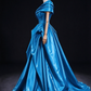 Bright Blue Off-the-Shoulder Draped Satin Ball Gown Evening Dress fg9028