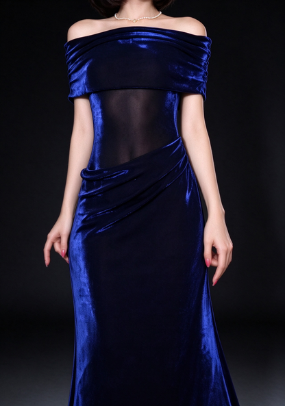 Navy Blue Velvet Off-the-Shoulder Mermaid Gown with Sheer Mesh Waist Panel fg9024