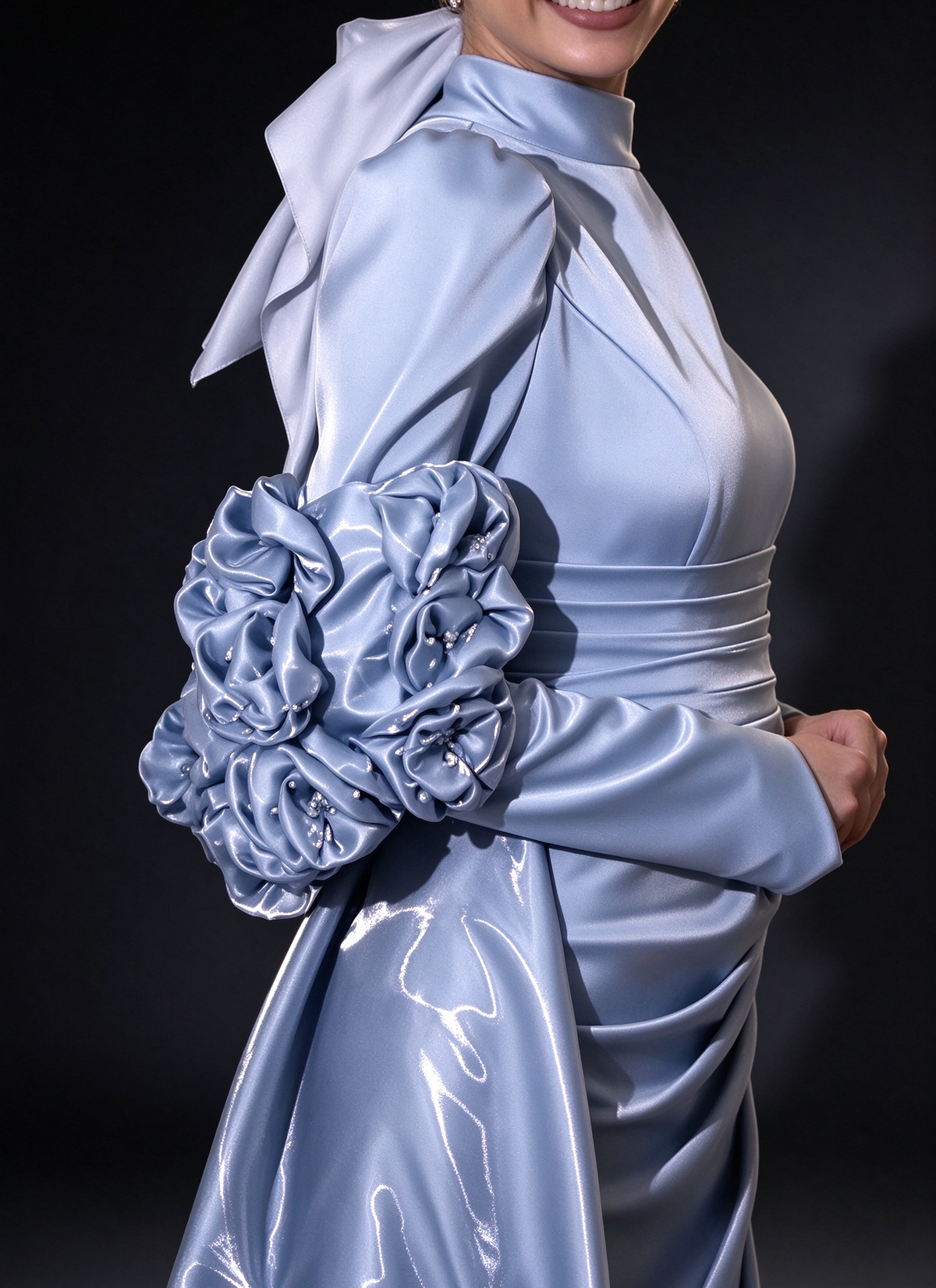 Light Blue Satin High Neck Long Sleeve 3D Floral Overskirt Evening Gown fg9017