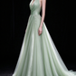 Sage Green Halter V-Neck Beaded Tulle Evening Gown fg9069