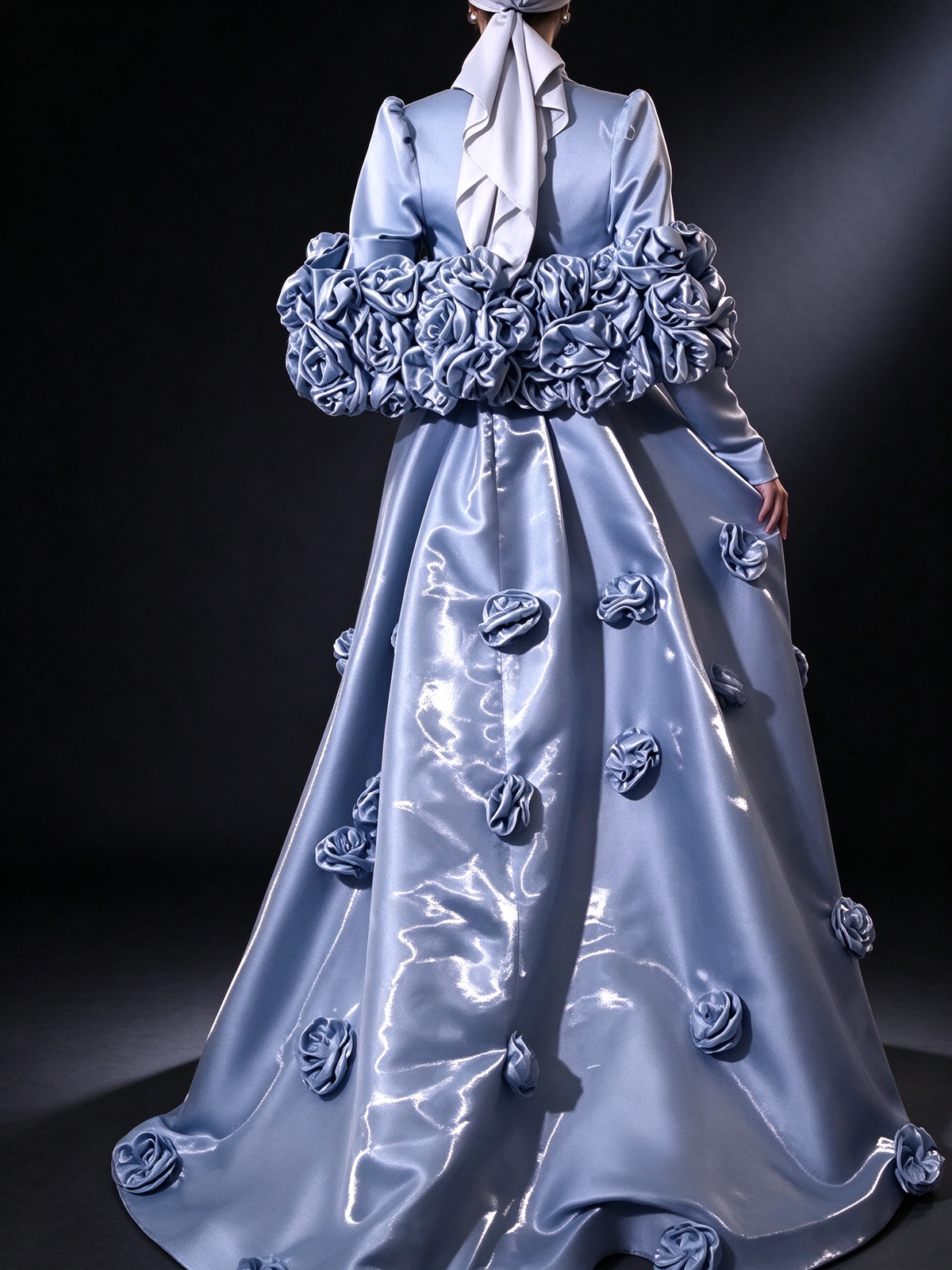 Light Blue High Neck Long Sleeve 3D Floral Satin Evening Gown fg8976