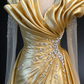 Golden Beaded Tulle Sleeves A-line Metallic Satin  Evening Gown with Draped Ruffle Neckline fg9025