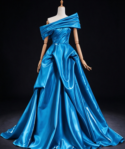 Bright Blue Off-the-Shoulder Draped Satin Ball Gown Evening Dress fg9028