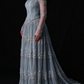 Dusty Blue Off The Shoulder Long Sleeve Beaded Tulle A-Line Evening Gown fg9011