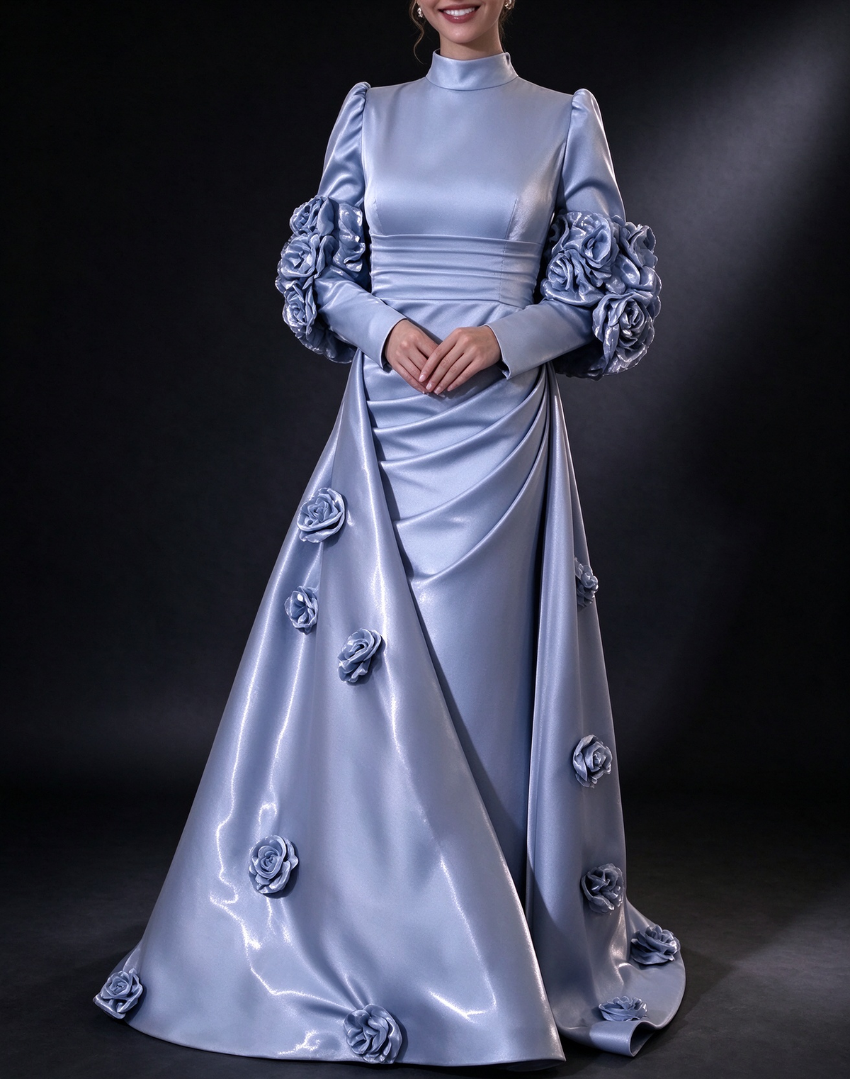Light Blue High Neck Long Sleeve 3D Floral Satin Evening Gown fg8976