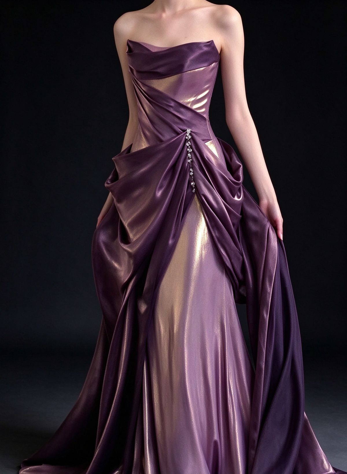 Metallic Purple Strapless Draped Mermaid Evening Gown with Rhinestone Accent fg9027