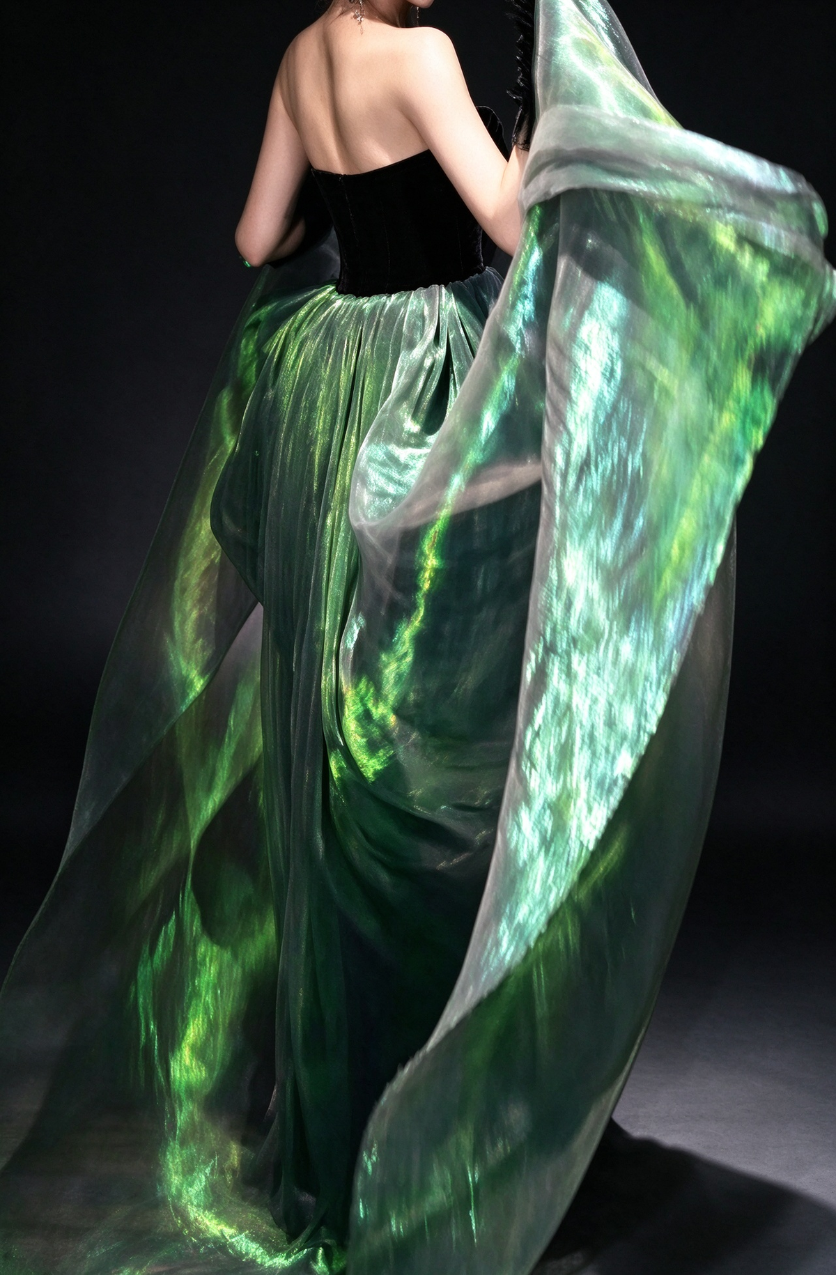 Black Velvet Strapless Mermaid Evening Gown with Iridescent Green Detachable Overskirt fg9029
