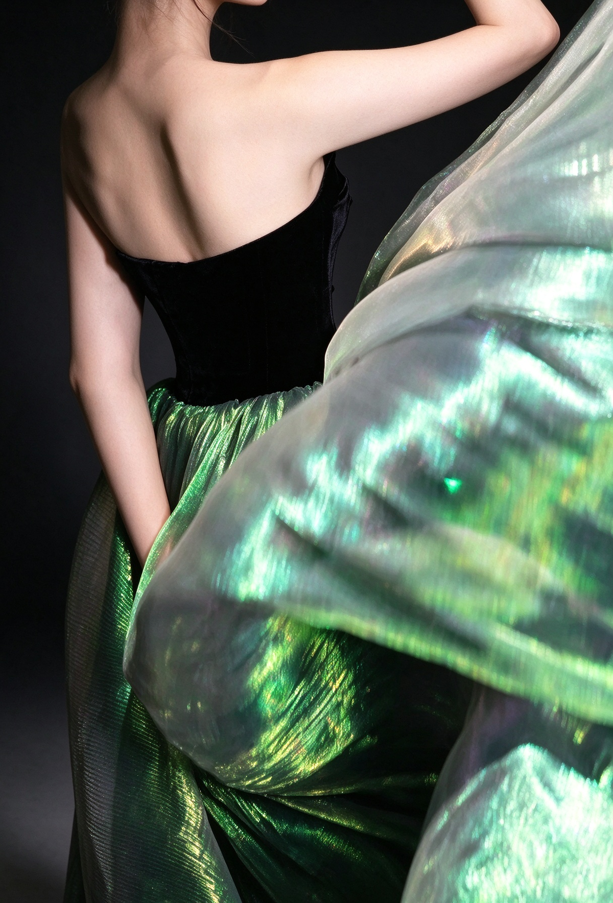 Black Velvet Strapless Mermaid Evening Gown with Iridescent Green Detachable Overskirt fg9029
