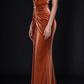 Elegant V-Neck Sleeveless Caramel Velvet Ruched Evening Dress For Formal Party fg9005