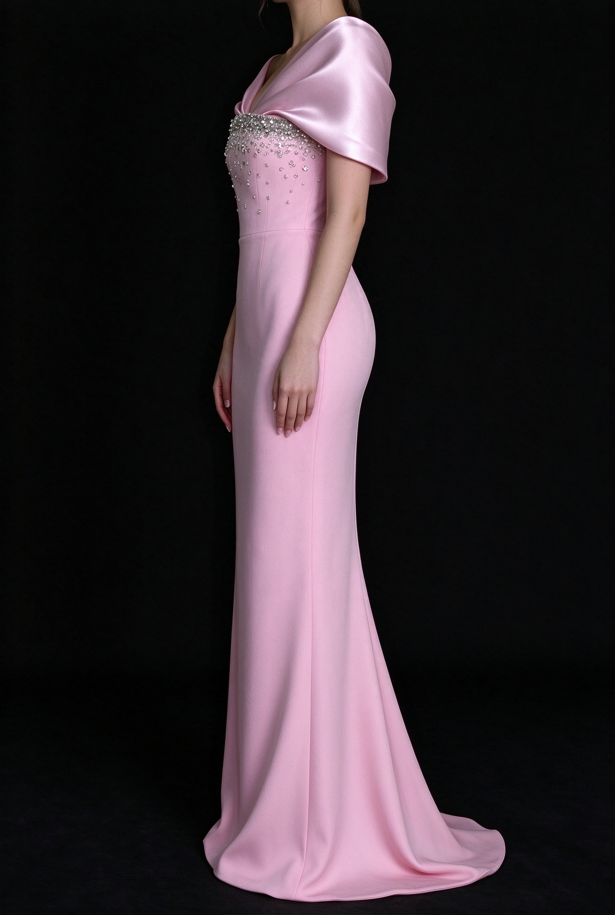White & Pink Satin Cape V-Neck Rhinestone Mermaid Long Evening Dress fg9014
