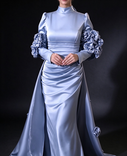 Light Blue High Neck Long Sleeve 3D Floral Satin Evening Gown fg8976