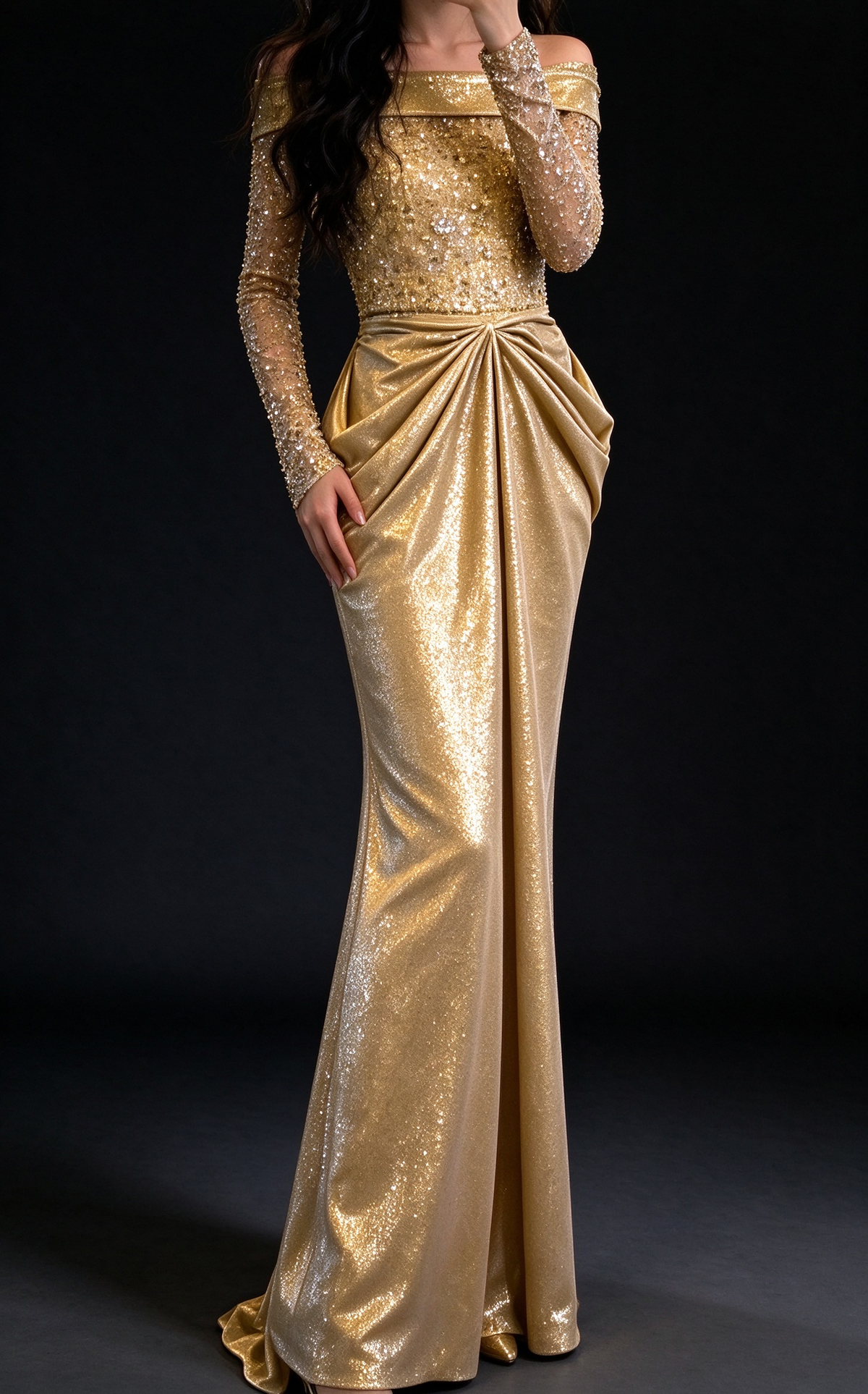 Gold Off-the-Shoulder Mermaid Evening Gown, Beaded Long Sleeves with Draped Waist fg9034